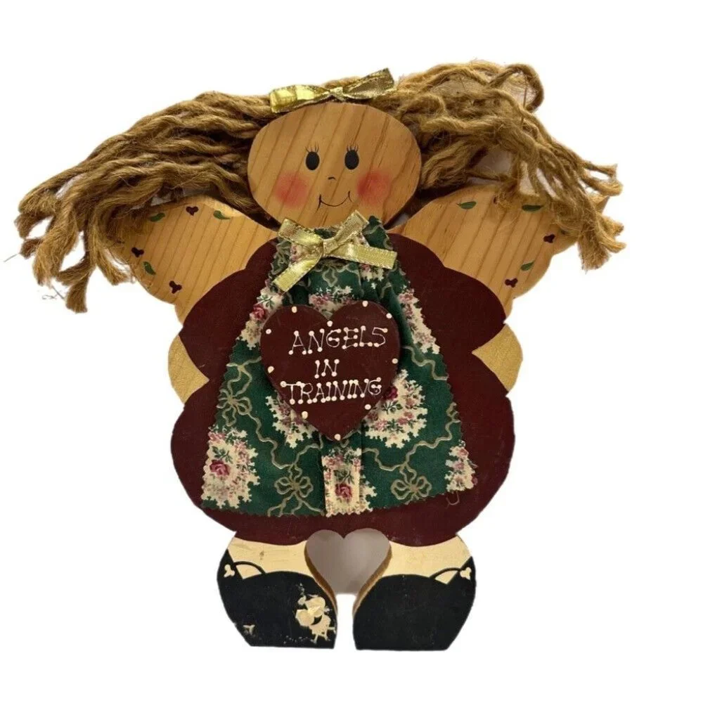 Vintage 1990's Angels in Training wooden angel wall hanging picture folk art USA
